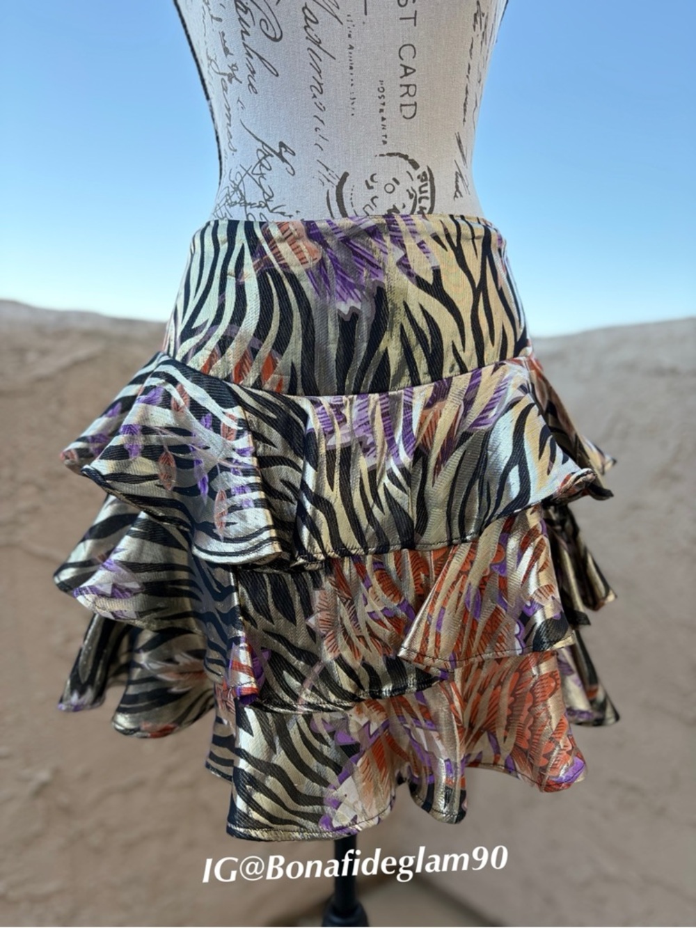 Hayley Menzies shimmering metallic silk lurex zebra print tiered ruffled skirt